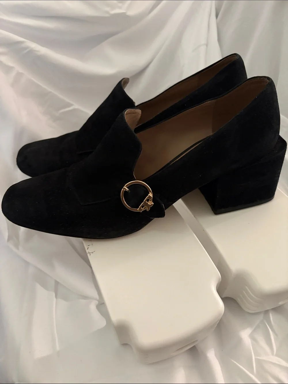 Tory Burch Black Suede Slip-On Loafers with Gold-Tone Buckle